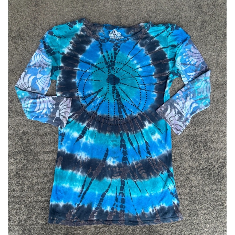 Awake Inc Shirt Women's Large Blue 100% Cotton Tie Dye Long Sleeve Crew Neck